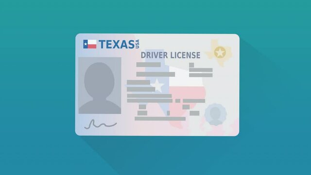 A hand presents a Texas driver's license and places it in the center of a blue background (flat design)