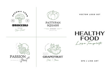 Fototapeta na wymiar Healthy food logo template. Hand drawn illustrations for for restaurant, bar, vegan, healthy and organic food, market, farmers market, cooking school, food truck, delivery service.