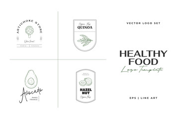 Healthy food logo template. Hand drawn illustrations for for restaurant, bar, vegan, healthy and organic food, market, farmers market, cooking school, food truck, delivery service.