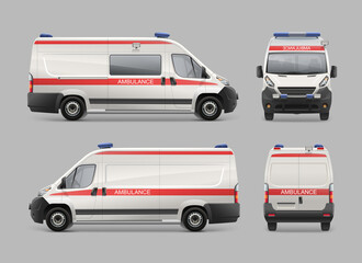 Realistic Ambulance Service Van template isolated on grey. Emergency Medical van. Hospital service car white color with red stripes vector template