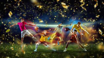 Sportsmen in action. Collage. Volleyball, basketball, tennis, soccer football players over stadium background with festive confetti fireworks.