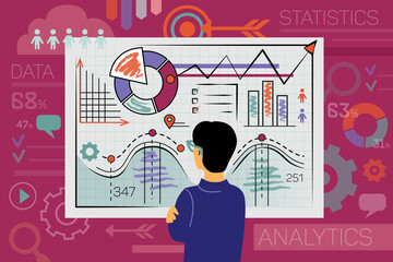 Sales analytics illustration. Office manager and computational data analysis, income statistics, business. Web page, facebook cover, banner, template. - obrazy, fototapety, plakaty