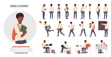 African american black teenager school student poses vector illustration set. Cartoon intelligent smart casual boy character with glasses, backpack and books studying and posing in front isolated