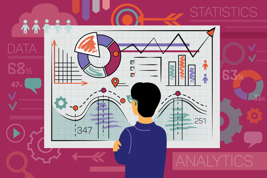 Sales Analytics Illustration. Office Manager And Computational Data Analysis, Income Statistics, Business. Web Page, Facebook Cover, Banner, Template.