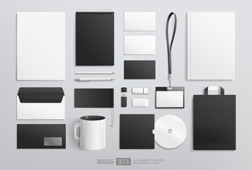 Stationery office items blank Mockup set template. Realistic Business Black and white Stationery mockup for brand corporate identity. Office equipment set of paper bag, white mug, notepad, envelope - obrazy, fototapety, plakaty