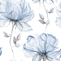 Watercolor dusty blue floral seamless pattern for fabric. Watercolor royal blue pattern repeat floral background for apparel, wallpaper, wrapping paper, home decor - 442745810