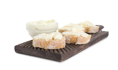 Bread with cream cheese on white background