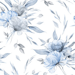 Watercolor dusty blue floral seamless pattern for fabric. Watercolor royal blue pattern repeat floral background for apparel, wallpaper, wrapping paper, home decor
