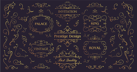 Vector set of vintage swirls, golden borders and frames. Luxury Wedding Logo with Ornament Baroque style design for invitation and brand identity. Business signs, logos, identity, spa - obrazy, fototapety, plakaty