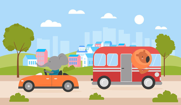 Cute animals drive car and bus on city street vector illustration. Cartoon happy lion driving bus transport, funny elephant driver character traveling automobile, traffic road cityscape background