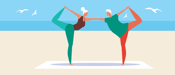 Old couple, yoga asanas, flat vector stock illustration with old age