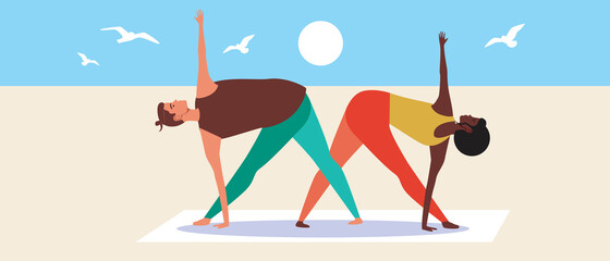 Fototapeta premium Yoga couple, multicultural man and woman, flat vector stock illustration with couple in outdoor and health care on the beach
