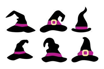 Witch hats set on white background. Vector illustration. Flat style design.