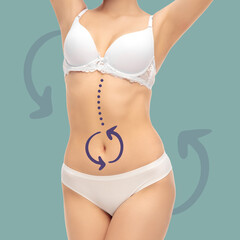 Women belly with drawing arrows. Fat lose, liposuction and cellulite removal concept. Good and fast metabolic problem.