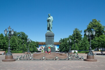 Moscow, Russia - June 17, 2021: Monument to the poet Alexander Sergeevich Pushkin on Pushkin...