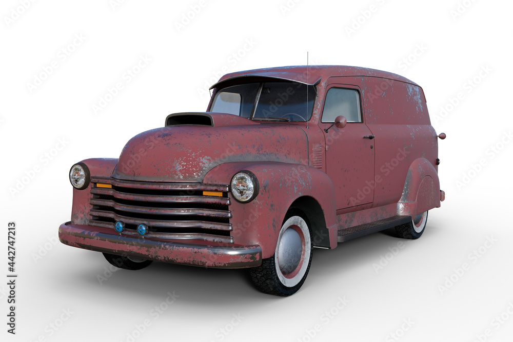 Poster 3d rendering of an old vintage american panel van with faded and peeling red paintwork isolated on w