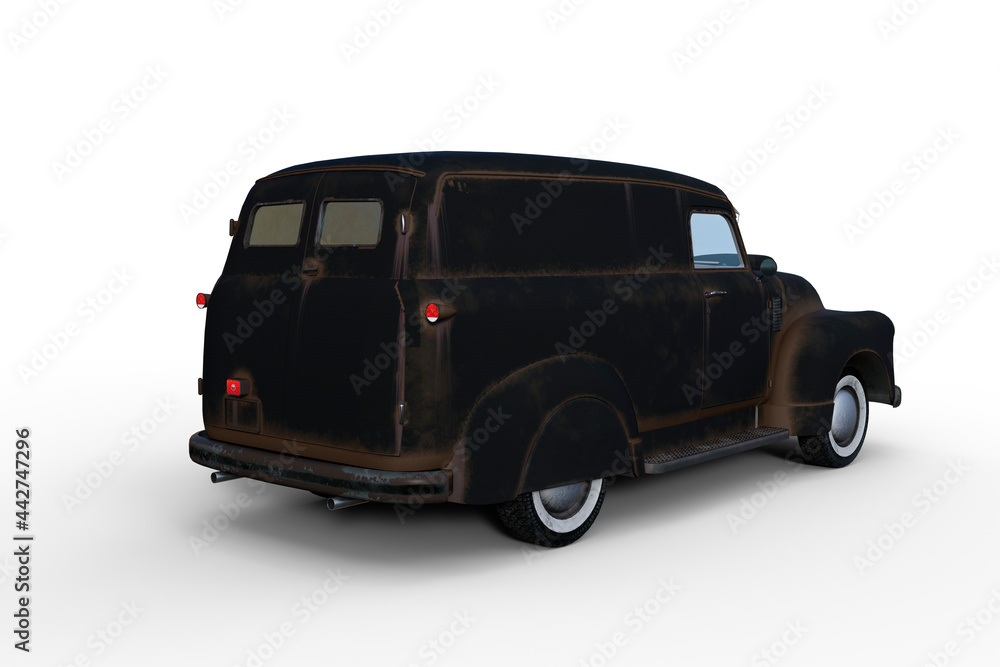 Poster rear perspective 3d rendering of an old black retro american panel van isolated on white background.
