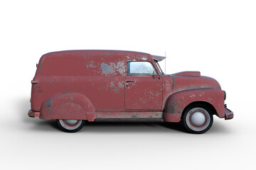 Obraz na płótnie Canvas Side view 3D rendering of an old vintage American panel van with faded and peeling red paintwork isolated on white background.