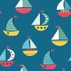 Seamless pattern with sailboats. Maritime mood. Seamless nautical pattern with colorful ships. Nautical vector pattern. Pattern for kids and babies. Childish background. 