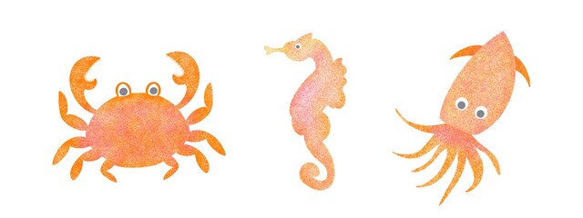 Set of three fantasy textured animals hand drawn digital illustration crab seahorse octopus
