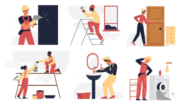 Builder people work in repair service set vector illustration. Cartoon professional repairman in safety helmet working, woman man characters painting wall, handyman fixing plumbing isolated on white