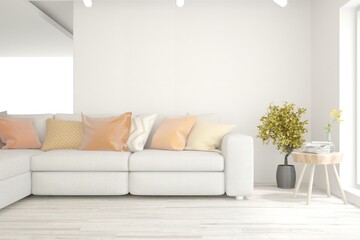 White living room with sofa. Scandinavian interior design. 3D illustration