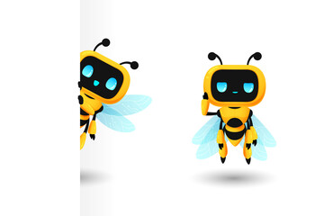 Set of cute bee robot ai character in hiding and sad tired pose