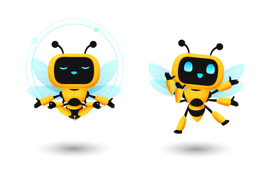 Set of cute bee robot ai character in yoga meditation and happy pose