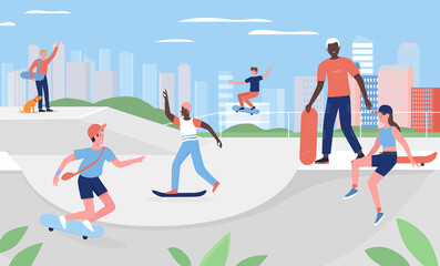People skateboarding in urban city park, practice fun extreme sports outdoor activity vector illustration. Cartoon sporty active young and old skateboarder characters jump with skateboard background