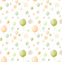 holiday seamless pattern with balloons and giftboxes, watercolor illustration