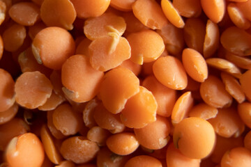 Très gros plan sur un tas de lentilles corails.