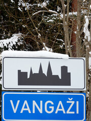 VANGAZI, LATVIA - JANUARY 14, 2021: Close up view to the sign town sign Vangazi during the winter.
