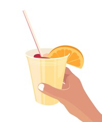 Fresh cocktail with berry and orange in hand. Vector illustration 