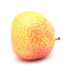 Large very round yellow and red pear fruit isolated on white background