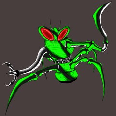 character design, mantis robot with knife in hand, ready for close combat. suitable for designing t-shirts, wallpapers, backgrounds, and others