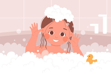 Kid bathing in bathroom, happy childhood vector illustration. Cartoon young girl character playing with cute yellow rubber duck toy, child swimming in bath water with soap foam bubbles background