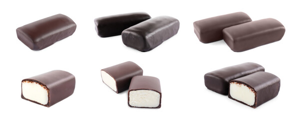 Set with delicious glazed curd snacks on white background. Banner design