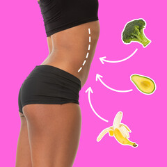 Women belly with drawing arrows. Fat lose, liposuction and cellulite removal concept. Good and fast metabolic problem.