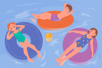Kids swim in swimming pool, children sunbathe, tropical resort vacation vector illustration. Cartoon boy girl child character in swimwear floating on inflatable rubber circles in blue water background