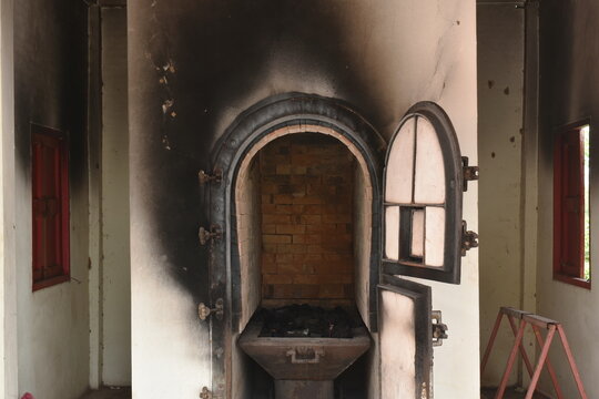 Door For Push Coffin To Burning In Cremation Furnace Building