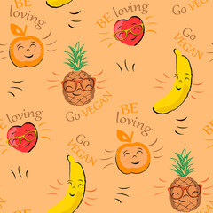 Vector seamless vegan style pattern with smiling fruits