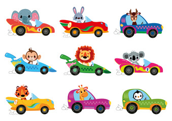 Vektorsatz Clipart moderne Cartoon-Rennwagen mit Tierfahrern. Kaninchen, Elefant, Löwe, Koala, Pinguin, Giraffe, Tiger. Auto Kinder lustiges und süßes Logo. Druck isolieren. Lustige Zeichentrickfigur.