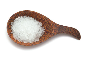 Fototapeta na wymiar wooden spoon full of coarse grain sea salt from Gran Canaria isolated on white background 