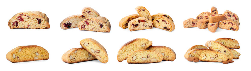Set with different tasty cantucci on white background, banner design. Traditional Italian biscuits