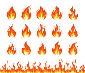 Fire icon. Vector set of fire flame emoji, flaming symbols, heat wildfire and red hot bonfire. Cartoon campfire isolated on white background. Horizontal seamless pattern of fire. Energy and power