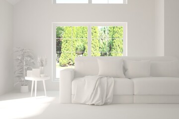 Mock up of stylish room in white color with sofa and green landscape in window. Scandinavian interior design. 3D illustration