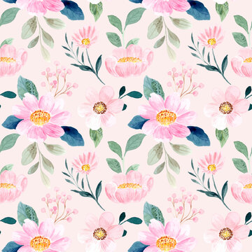 Seamless pattern of soft pink flower with watercolor