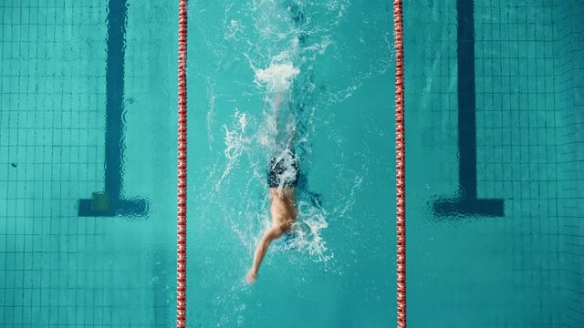 Aerial Top View Male Swimmer in Swimming Pool, Makes Laps, Turns. Professional Athlete Training for Race, Winning World Championship Freestyle. Cinematic Wide Slow Motion Stationary Shot