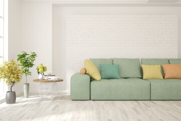 White living room with sofa. Scandinavian interior design. 3D illustration