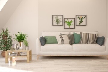 White living room with sofa. Scandinavian interior design. 3D illustration